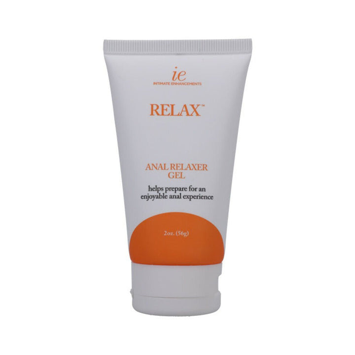 Tube of Relax Anal Relaxer Gel 2oz with white and orange packaging for comfortable intimate use.