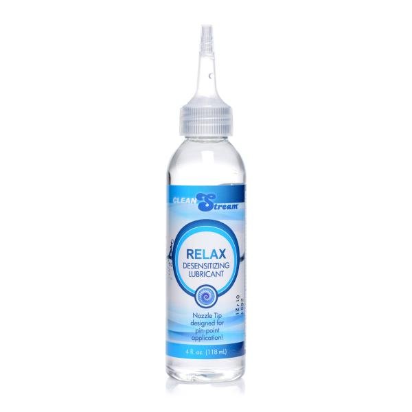 Clear 4 oz bottle of Relax Desensitizing Lubricant with precision nozzle tip for targeted application.