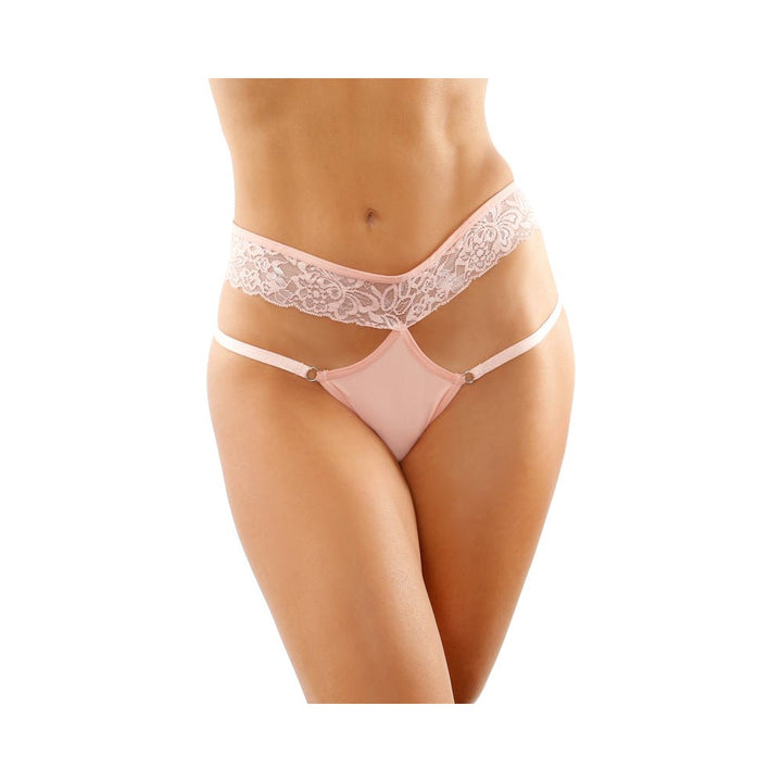 Light pink microfiber panty with double-strap waistband and lace detailing on model.