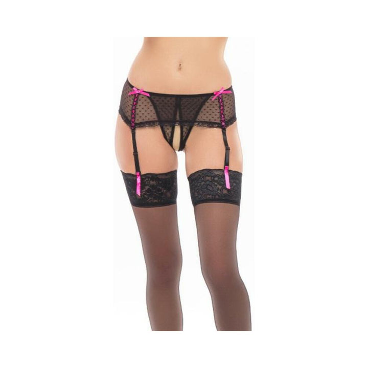 Black sheer crotchless garter thong with pink bows and matching lace-top thigh-high stockings.