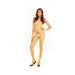 Model wearing yellow industrial net suspender bodystocking with open crotch and black high heels on white background.