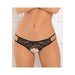 Front view of black lace crotchless panty with double side straps on model's hips
