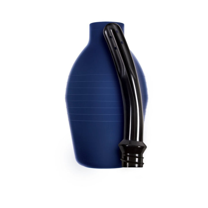 Blue flexible bulb body cleanser with a detachable black nozzle designed for easy and thorough personal hygiene.
