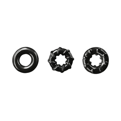 Set of three black Renegade Dyno performance rings in smooth, textured, and ribbed designs on white background.