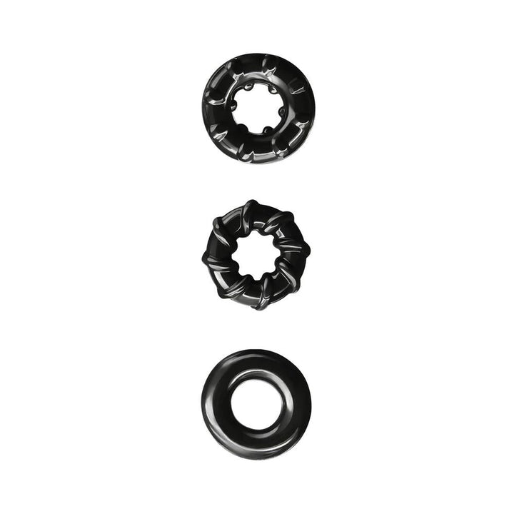 Three black Renegade Dyno performance rings in varied textured designs displayed on a white background.