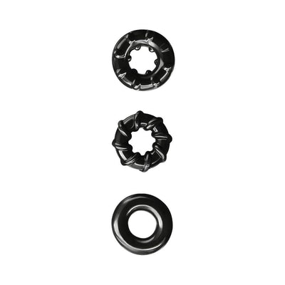 Three black Renegade Dyno performance rings in varied textured designs displayed on a white background.