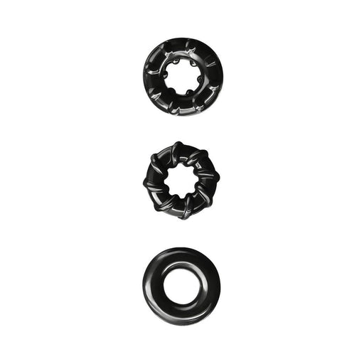 Three black Renegade Dyno performance rings in varied textured designs displayed on a white background.