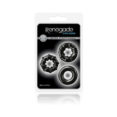 Packaging of Renegade Dyno Rings showing three black super stretchable performance rings in different textured designs.
