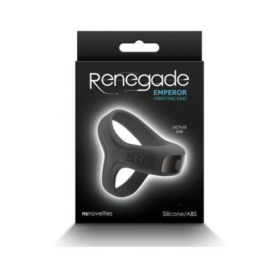 Packaging of Renegade Emperor vibrating ring in black with silicone and ABS material, showing actual size on front.
