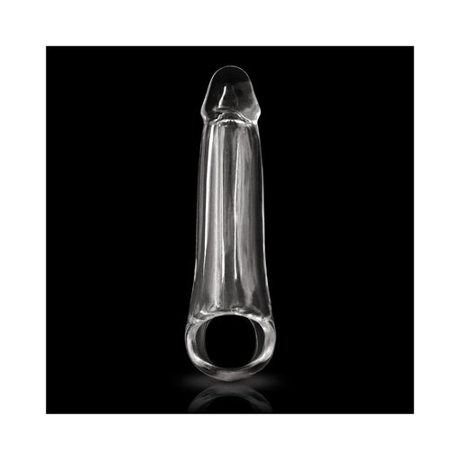 Clear large-sized flexible penis extension with a ring base for added length and girth enhancement.