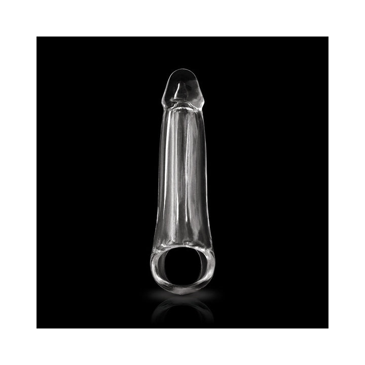 Clear medium-sized penis extension sleeve with a ring base, made from smooth body-safe material.