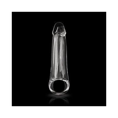 Clear medium-sized penis extension sleeve with a ring base, made from smooth body-safe material.