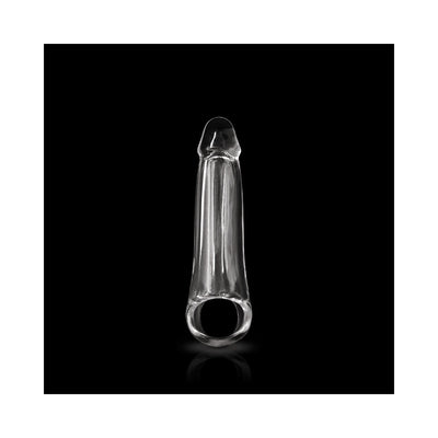 Clear small-sized flexible penis extension with a ring base on a black background.