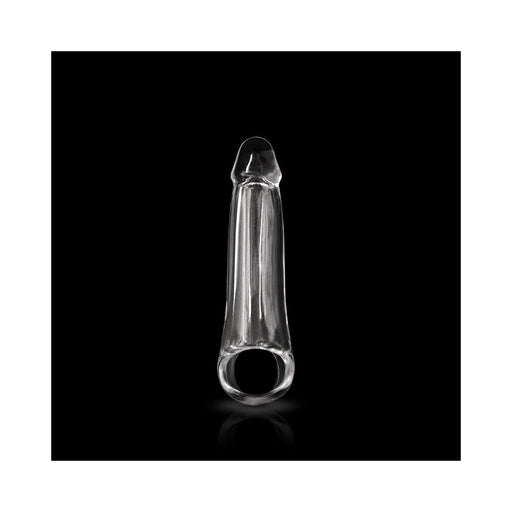 Clear small-sized flexible penis extension with a ring base on a black background.