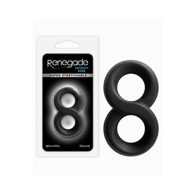 Black silicone Renegade Infinity Ring in figure-eight shape next to its retail packaging.