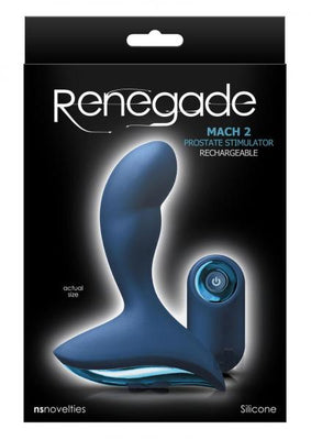 Renegade Mach 2 Blue prostate massager with ergonomic design and wireless remote in black and blue packaging.
