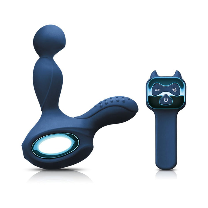 Blue Renegade Orbit prostate massager with textured silicone and matching wireless remote control on white background.