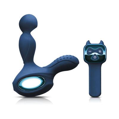 Blue Renegade Orbit prostate massager with textured silicone and matching wireless remote control on white background.