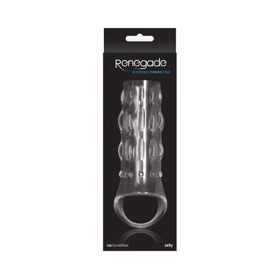 Clear textured male enhancer sleeve with ring base in black retail packaging labeled Renegade Power Cage.