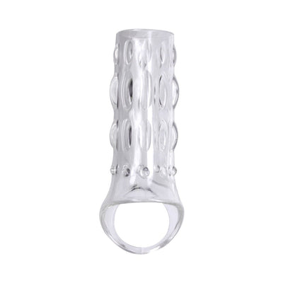 Clear textured male enhancer sleeve with stretchy ring base for a snug, comfortable fit and enhanced stimulation.