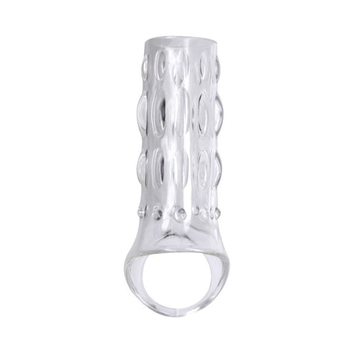Clear textured male enhancer sleeve with stretchy ring base for a snug, comfortable fit and enhanced stimulation.