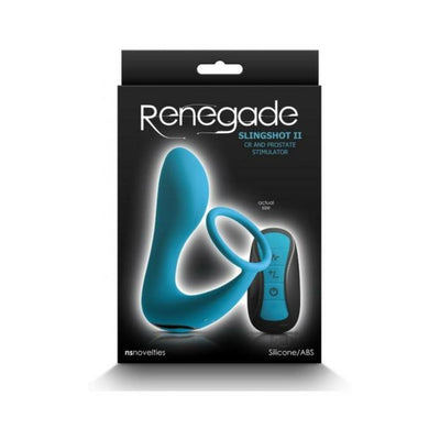 Packaging of Renegade Slingshot II teal prostate and cock ring stimulator with remote control shown on front.