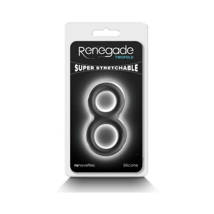 Packaging of Renegade Twofold Black super stretchable silicone ring by ns novelties.