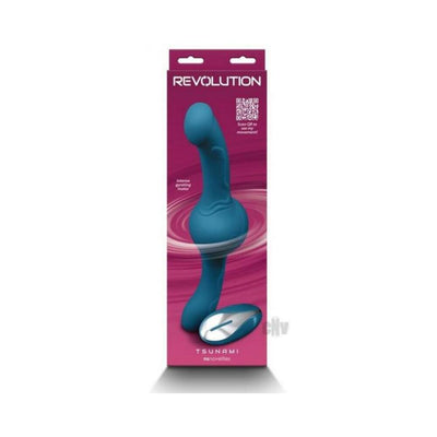 Teal Revolution Tsunami flexible vibrator with remote control in magenta packaging.