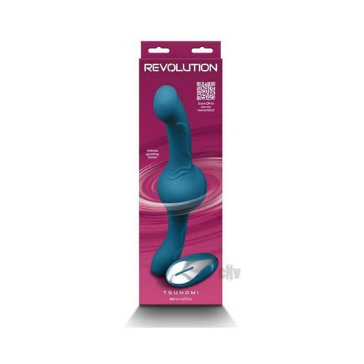 Teal Revolution Tsunami flexible vibrator with remote control in magenta packaging.