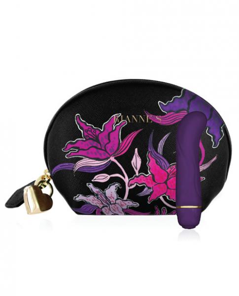 Compact deep purple curved stimulator with gold accent next to black floral cosmetic bag with pink and purple flowers.