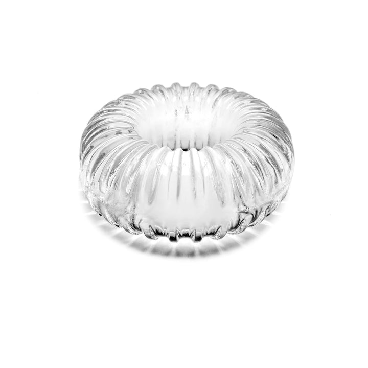 Clear ribbed flexible ring with a textured surface, designed for comfort and durability.