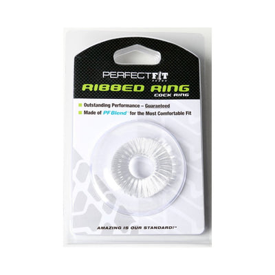 Clear ribbed cock ring in branded Perfect Fit packaging highlighting comfort and durability features.