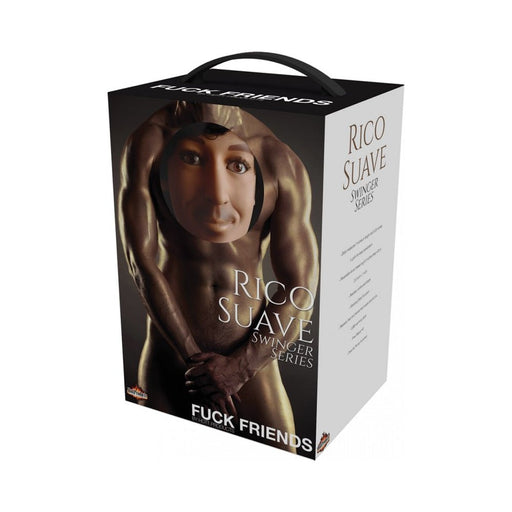 Packaging box for Rico Suave Swinger Series male love doll with muscular torso image and doll face visible through window.