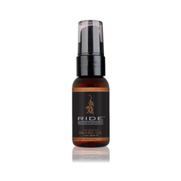 Ride Bodyworx Sandalwood Beard Oil 1oz bottle with pump dispenser and dark label on white background