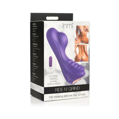 Purple Ride N' Grind vibrating silicone toy with remote control shown on product packaging for clitoral, vaginal, and anal stimulation.