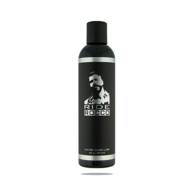 Black 8.5oz bottle of Ride Rocco water-based lubricant with silver accents and logo on white background.