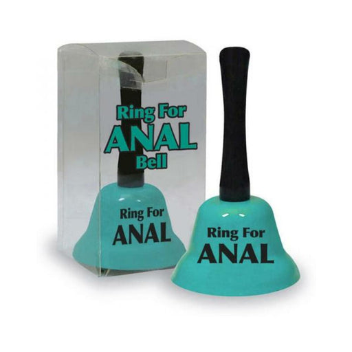 Teal bell with black handle labeled Ring For Anal, shown next to its clear packaging box with matching text.