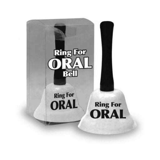 White bell with black handle labeled Ring For Oral, shown next to its clear packaging box with matching text.