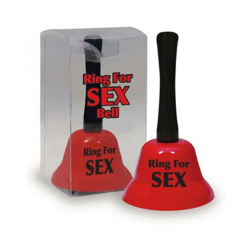 Red bell with black handle labeled Ring For SEX, shown outside and inside clear packaging.