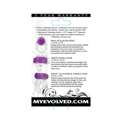 Packaging back view of Evolved Ring True Unique Pleasure Rings Kit showing three clear and purple vibrating rings with product descriptions and warranty details.