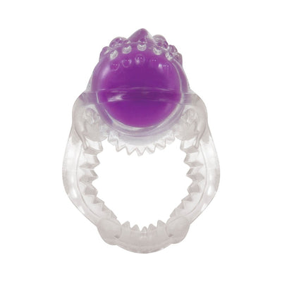 Clear and purple textured vibrating pleasure ring with a flexible, ridged band for enhanced stimulation.