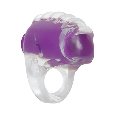 Clear and purple vibrating pleasure ring with textured design for enhanced stimulation.