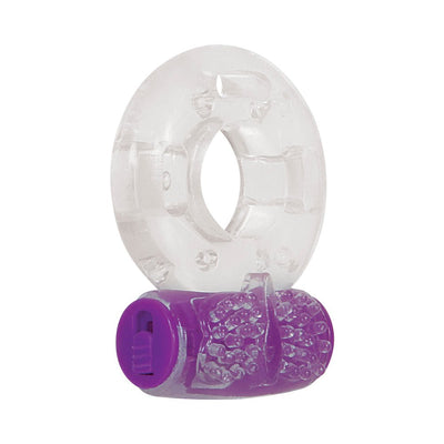 Clear and purple vibrating pleasure ring with textured stimulator and adjustable settings, part of a 3-pack kit.