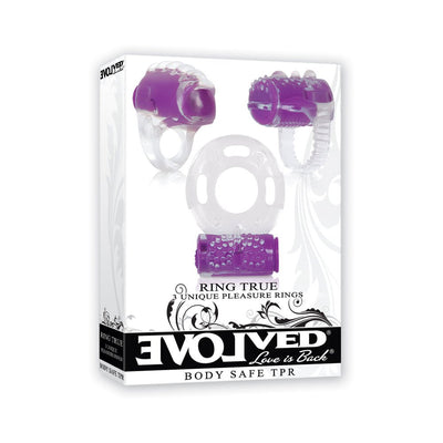 Evolved Ring True 3-pack pleasure rings kit in clear and purple, featuring textured vibrating rings for enhanced intimacy.