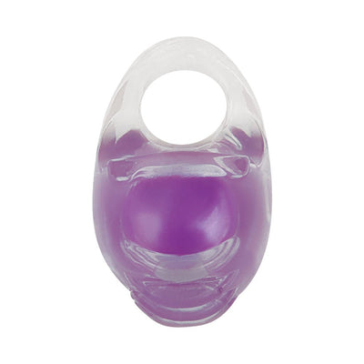 Clear and purple vibrating pleasure ring with a compact design for enhanced intimate experiences.