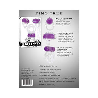 Evolved Ring True 3-piece vibrating pleasure ring set in clear and purple with oral, body, and shaft stimulators detailed on packaging.