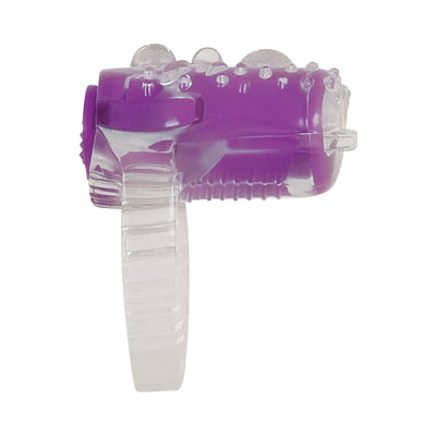 Clear and purple textured vibrating pleasure ring with adjustable band for intimate use.