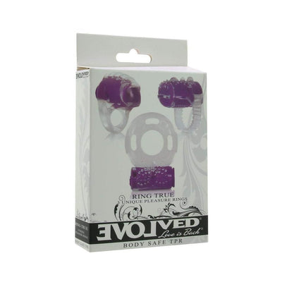 Evolved Ring True 3-pack pleasure rings kit in clear and purple, packaged in a white box with product images.