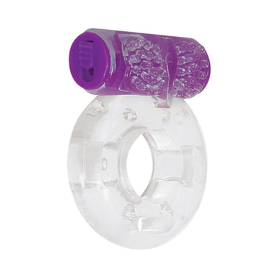 Clear vibrating pleasure ring with textured purple bullet attachment for enhanced stimulation.