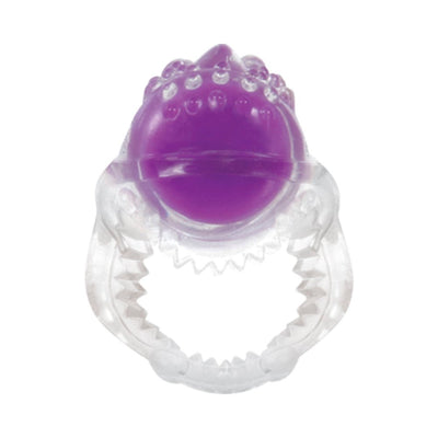 Clear and purple textured vibrating pleasure ring with a flexible band for enhanced intimate stimulation.